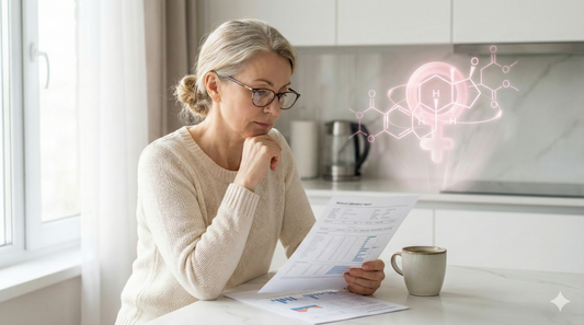 Kobieta w średnim wieku analizująca wyniki badań cholesterolu w kontekście menopauzy i zmian hormonalnych.
